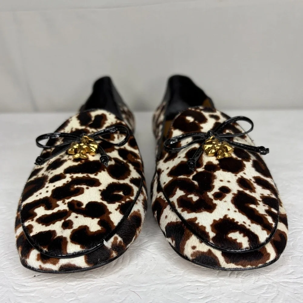 Tory Burch Charm Leopard Calf Hair Loafers Black Leather Trim Logo Bow Flats 8M‎